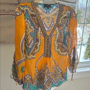 Hale Bob Orange and Blue Patterned Tunic Blouse XS